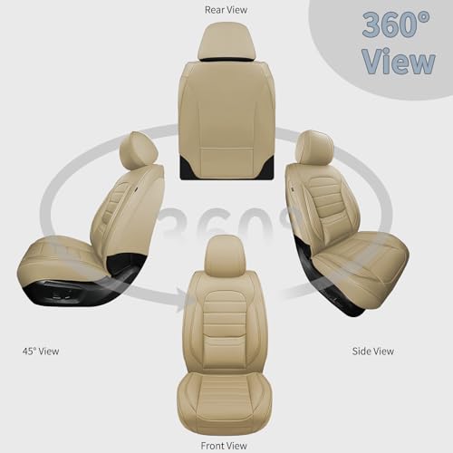 COVER EMPIRE Car Seat Covers Front Seats, Universal Leather Seat Covers for Cars, Waterproof Automotive Seat Covers for Trucks SUVs Sedans, Full Coverage Vehicle Seat Covers with Lumbar Support, Beige