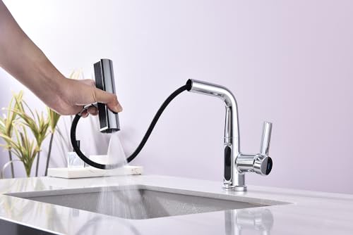 Pirooso Bathroom Faucet with LED Temperature Display, Liftable Bathroom Faucet with Pull Down Sprayer, Waterfall Rainfall Faucet for Bathroom Sink, Single Handle Faucet for Bathroom and Kitchen Chrome