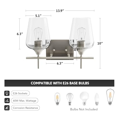VONLUCE Bathroom Vanity Light, 2 Light Bathroom Light Fixture Over Mirror, Bathroom Wall Lamp with Clear Glass, Modern Brushed Nickel Vanity Lighting fixtures for Bathroom, Bedroom, Hallway