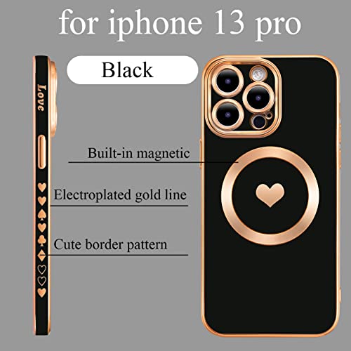 Weonmov for iPhone 13 Pro Case Compatible with MagSafe, Luxury Love Heart Soft Phone Case, Full Camera Lens Protection Magnetic Case for iPhone 13 Pro for Women Girls (6.1") - Black