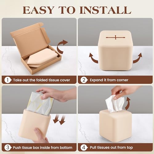 AOTASO Silicone Tissue Box Cover, Square Tissue Box Holder for Bathroom, Decorative Box Covers for Kleenex Cube, Accessories for Table Car Office (Beige)