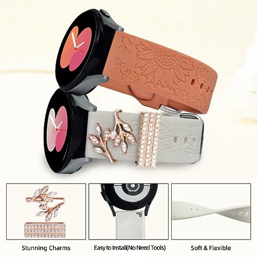 ORATYFAN Bands for Samsung Galaxy Watch 7/6/5/4 Band 40mm 44mm with Charms, 20mm Women Flower Engraved Silicone Replacement Strap for Galaxy Watch 5 Pro/Galaxy Watch 3/Galaxy Active 2/Watch 4 Classic