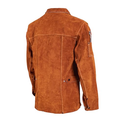 QeeLink Leather Welding Jacket - Flame-Resistant Heavy Duty Work Welder Jackets - Split Cowhide Welding Coat for Men Women (Small)