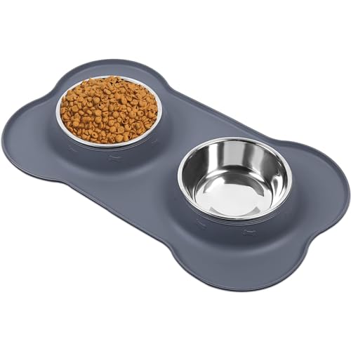 AsFrost Dog Food Bowls Stainless Steel Dog Food and Water Bowl Set, Dog Bowls No Spill Non Slip Silicone Mat, Dog Dishes for Small Medium Size Dogs Cat Puppy Pet Food Feeding Bowls, Blue, 12oz