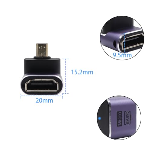 RIIEYOCA 90 Degree Down Angle UHD 8K Micro HDMI to HDMI Adapter,Standard 48Gbps High Speed 2.1 Extender Micro HDMI Male to HDMI Female Support 8K@60Hz,4K@120Hz for Laptop,Cameras,DSLR, (2pack)