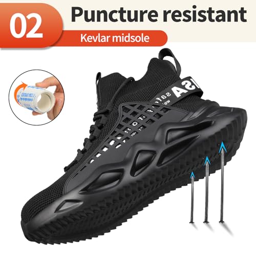 KGJIANDA Steel Toe Shoes for Men Work Shoes for Men Lightweight Safety Boots Comfortable Steel Toe Sneakers Indestructible Steel Toe Tennis Shoes Black