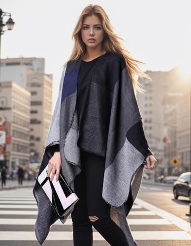 PAMEILA Women's Travel Plaid Shawl Wraps Open Front Poncho Cape Warm Oversized Sweaters Casual Cardigan Shawls for Fall Winter,Series 04-Houndstooth