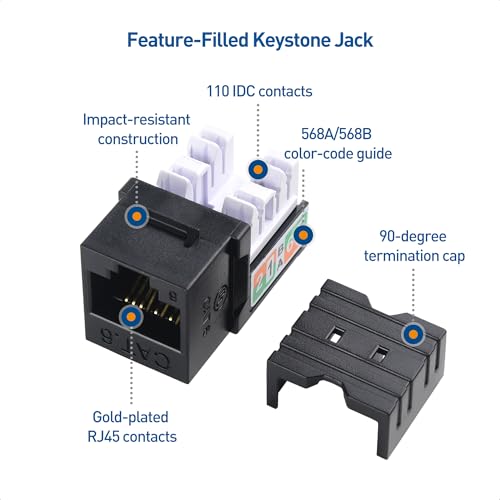 Cable Matters [UL Listed] 25-Pack 10Gbps Rapid-Install Cat6 Keystone Jacks, Slim Profile Ethernet Keystone Jack, RJ45 Keystone Jack with Punch-Down Stand, Black (Model 180070)