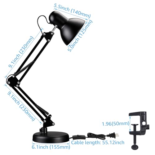 TORCHSTAR Metal Desk Lamp with Clamp, Swing Arm , Architect Adjustable Gooseneck Table Lamp, Clip Desk Lights for Home Office, Work, Study, Reading, E26 Base, Multi-Joint, Black