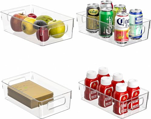 ZXA 4 Pack Clear Refrigerator Pantry Organizers with Lids, Plastic Storage Bins with Handles Perfect for Kitchen, Bathroom, Cabinet, Shelves, and Fridge Organizer