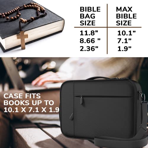 DEHITE Bible Cover Case for Women and Men – Bible Carrying Bag Large Size – | Fit Book 10.1 x 7.1 x 1.9 IN | Pen Slots | Zippered Pocket | Shoulder Strap | Premium Fabric – Black Church Christian Gift