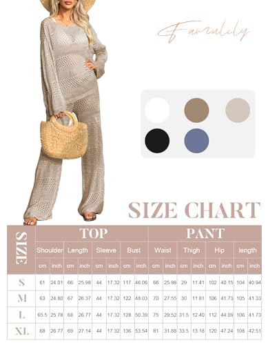 Famulily Womens 2 Piece Crochet Outfits Sexy Hollow Out Cover Up Sets Long Sleeve Tops and Drawstring Long Pants Matching Set Beige S