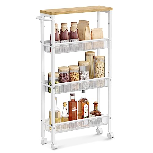 VASAGLE Slim Rolling Cart, 4-Tier Storage Cart, Narrow Cart with Handle, 5.1 Inches Deep, Metal Frame, for Kitchen, Dining Room, Living Room, Home Office, Oak Beige and Classic White ULRC032W09