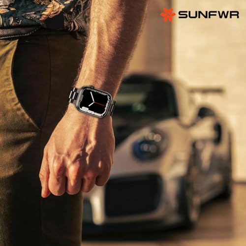 SUNFWR Compatible with Apple Watch Band 42mm for Men Women, Stainless Steel Metal iWatch Band with Case for Apple Watch Series 10 (Starlight, 42mm（10 Series)
