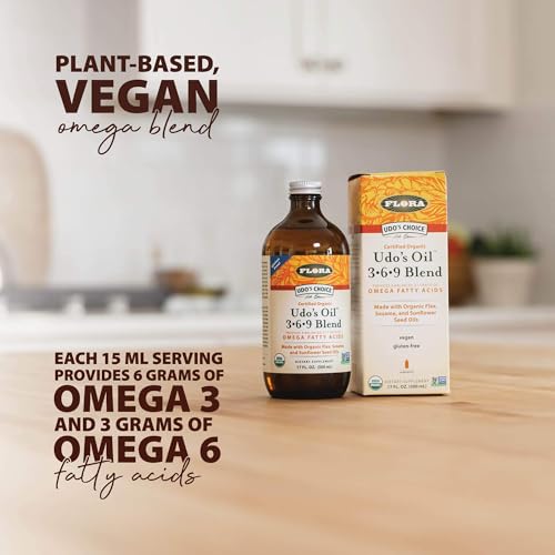 Flora - Udo's Choice Omega 369 Oil Blend, Made with Organic Flax, Sesame & Sunflower Seed Oils, Plant-Based Vegan Omega Fatty Acids, Based on Ideal 2:1:1 Ratio, 17-fl, oz. Glass Bottle