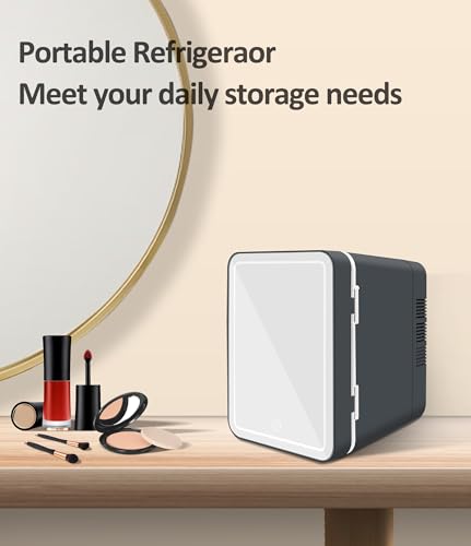 BOGDA Mini Skincare Fridge (4 Liter/6 Can) with Dimmable LED Light Mirror, Cooler and Warmer for Refrigerating Make Up, Skin Care and Food, Portable Mini Fridge for Bedroom, Office and Car, Grey