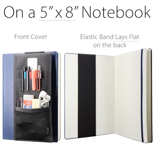 Adjustable Elastic Band Pen Holder, Velcro Pencil Holder, Pen Sleeve Case for Hard Cover Journals, Planners, Notebooks, Books, Binders, Fits Regular & Large Notebooks, Accessory Pocket, Detachable.