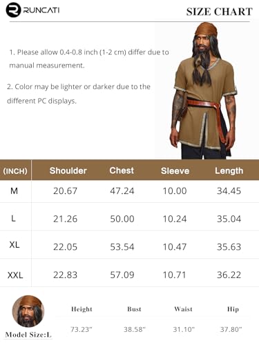 Runcati Mens Medieval Pirate Tunic Renaissance Viking Knight Costume Linen Short Sleeve LARP Halloween Tops