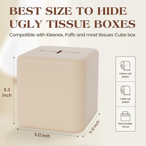 AOTASO Silicone Tissue Box Cover, Square Tissue Box Holder for Bathroom, Decorative Box Covers for Kleenex Cube, Accessories for Table Car Office (Beige)