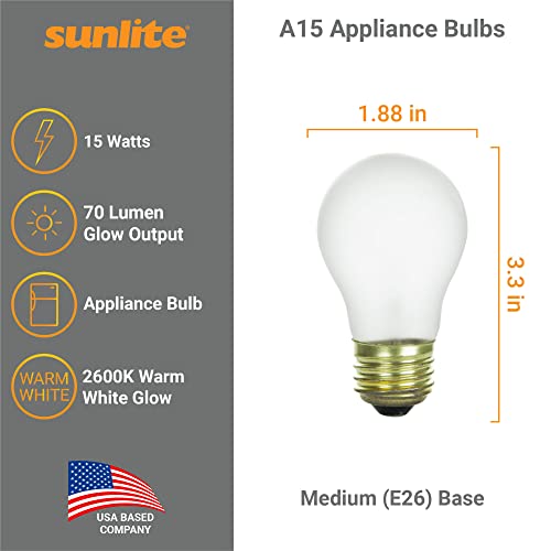 Sunlite 41622 Incandescent Appliance A15 Light Bulb, 15 Watts, 70 Lumens, Medium Base (E26), Dimmable, Mercury Free, 2600K Warm White, Frost, 24 Count