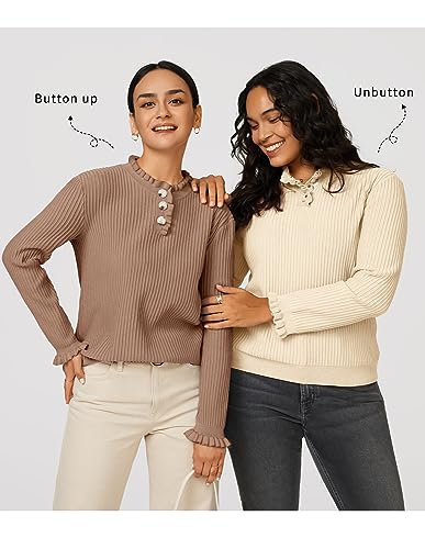 Arach&Cloz Womens Sweaters 2023 Trendy Ruffle Crew Neck long Sleeve Button Down Casual Knit Pullover Sweater Tops(Grey Purple,M)