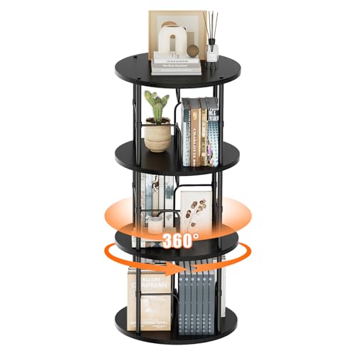 Rotating Bookshelf, 3 Tier Round Revolving Bookcase with Special Visible Partition Storage, 360° Display Spinning Bookshelf Tower Storage Organizer Rack for Bedroom, Living Room, Small Space, Black
