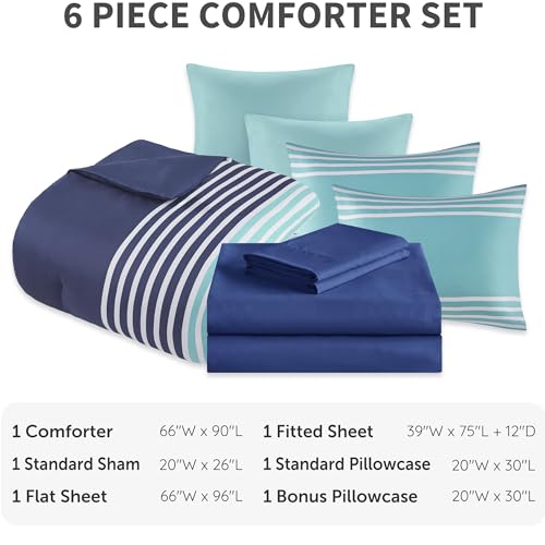 Comfort Spaces Twin Comforter Sets with Sheets - Bed in a Bag 6 Pieces Teen Bedding Sets Twin, Navy and Grey Stripes Bedding Twin, College Twin Bed Set, 2 Side Pockes Bedroom Organizer Twin Navy