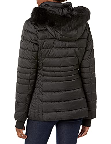 HFX Women's Short Puffer Jacket with Faux Fur Trimmed Hood and Cinched Waist, Water Resistant, Black, Small