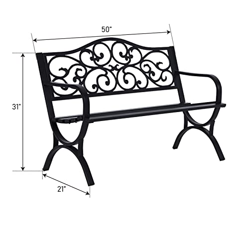 MFSTUDIO 50 Inches Outdoor Garden Bench, Cast Iron Metal Frame Patio Park Bench with Floral Pattern Backrest, Arch Legs for Porch Lawn Garden Yard(Black)