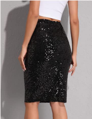 Jemiwa Women's Sequin Skirt Midi Stretchy Bodycon High Waist Glitter Pencil Skirt Party Cocktail Dress (as1, Numeric, Numeric_4, Numeric_6, Regular, Regular, Black-Gold)