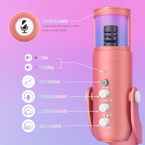 ZealSound USB Microphone,192kHz,3 Capsule,4 Pickup Patterns,RGB Computer Microphones with Mute/Volume Knob/Monitor/Noise Cancel,K66 Plus Condenser Mic for Gaming Podcasting YouTube Stream on Mac