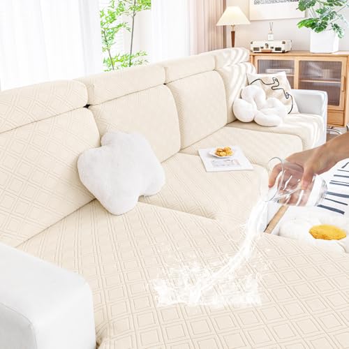 Smiry Waterproof Couch Cushion Covers, Stretch Sofa Cushion Covers, Soft Sofa Covers Washable, Magic Couch Cushion Slipcover Elastic Furniture Protector for Pets, Kids (2 Pack, Beige)