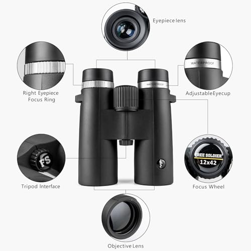 FREE SOLDIER 12×42 Binoculars for Adults and Kids - High Power Life Waterproof HD Compact Binoculars for Bird Watching Hunting Hiking Sightseeing Travel Concerts with BAK4 Prism FMC Lens, Gray