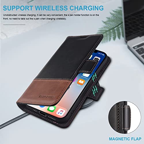 KEZiHOME Compatible with iPhone 14 Plus Case, [RFID Blocking] Genuine Leather Wallet Case [Credit Card Holder] [TPU Inner Shell] Shockproof Stand Flip Cover for iPhone 14 Plus 6.7'' (Black/Brown)