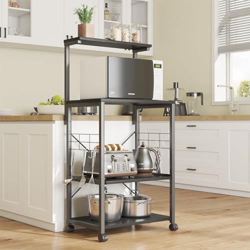 Bestier Bakers Rack, 4-Tier Microwave Stand Coffee Bar Table on Wheels, Utility Storage Rack with Sliding Shelf & 10 Side Hooks for Kitchen, Living Room, Dining Room, Black