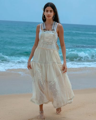 Gacaky Summer Dress for Women Casual Floral Embroidered Bohemian Dress Adjustable Straps Bib Maxi Flowy Dress with Pockets Yellow L