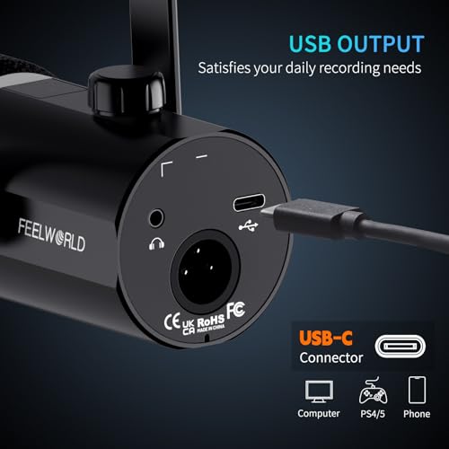 FEELWORLD PM1 XLR USB Dynamic Microphone for Podcast Recording PC Computer Gaming Live Streaming Vocal Voice-Over, Studio Metal Mic with Voice-Isolating, RGB Light, Mute Button, Headphones Jack