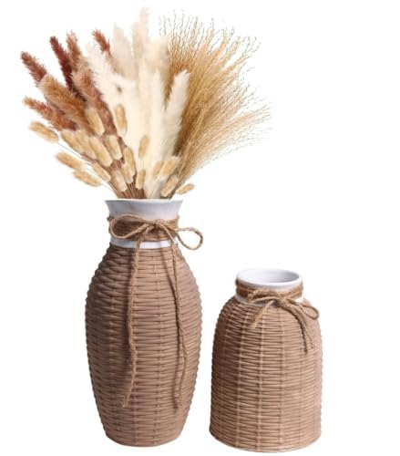 TERESA'S COLLECTIONS Fall Vase, Rustic Farmhouse Rattan Ceramic Vases for Pampas Grass, Boho Home Decor for Table Centerpiece Mantel Living Room, Housewarming Gifts for Mom,Vase Set of 2, 10"