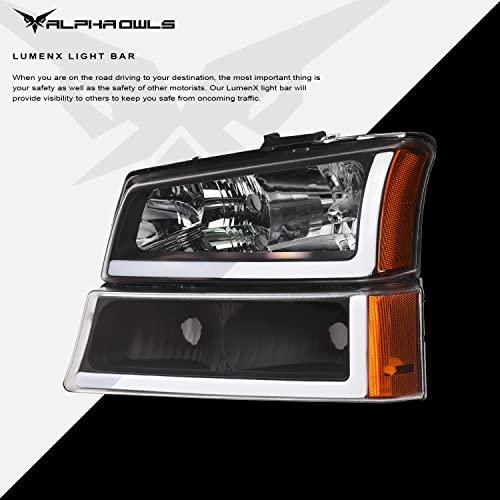 Alpha Owls 8712160 Crystal Headlights With Signal Bumper Lamps & White LED Light Bar 4-Pieces - Black Amber Fits 2003-2006 Chevy Silverado / 2007 Classic Body