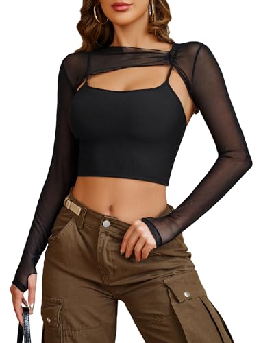 Avidlove See Through Crop Top for Women 2 Piece Crop Top with Cami Top Long Sleeve Shirt with Thumb Holes Navy Blue