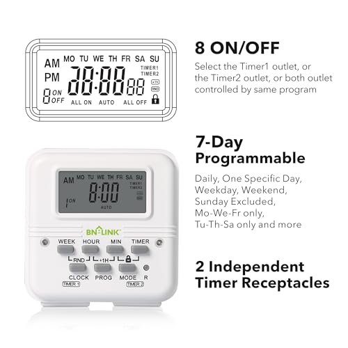 BN-LINK Digital Timer Outlet 7 Day Programmable Digital Outlet Timer with 2 Independent Outlets 3-Prong Mini Indoor Easy Set Stackable Plug-in for Lights Lamps Fans Accurate 8A/1000W 1/3HP