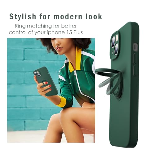 ABITKU Ring Kickstand Case for iPhone 15 Plus Case (6.7 inch), Support Magnetic Car Mount (with Strap Rope) Women Girl Silicone Cover Case for iPhone 15 Plus 2023 Army Green