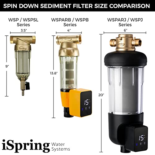 iSpring WSP50ARJ Spin-Down Sediment Water Filter, Upgraded Jumbo Size, Large Capacity, Reusable with Touch-Screen Auto Flushing Module, Brass Top Clear Housing, 50 Microns