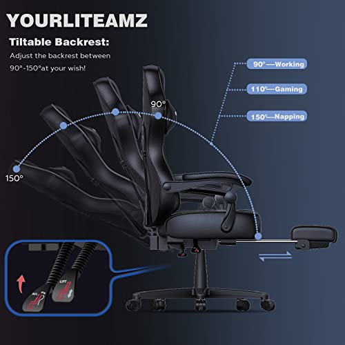 ARTETHYS Gaming Chair for Adults Ergonomic Racing Style High Back Computer Chair with Footrest Headrest and Lumbar Support PU Leather 90-150 Degree Tilt