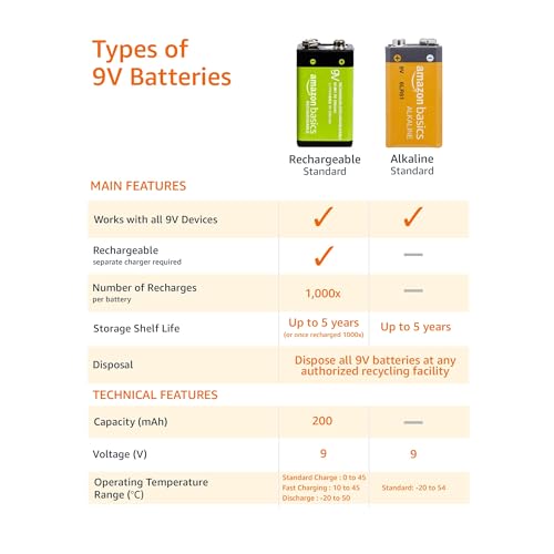 Amazon Basics 4-Pack 9 Volt Alkaline Everyday Batteries for Smoke Detectors, Long Lasting 5-Year Shelf Life