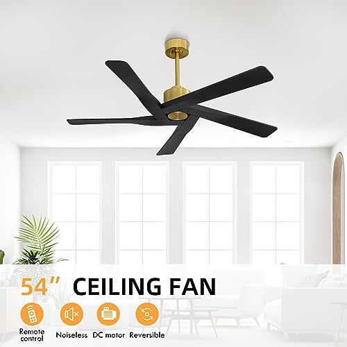 WINGBO 54" ABS DC Ceiling Fan No Light, 5 Blade Wood Grain ABS Ceiling Fan with Remote, 6-Speed Reversible DC Motor, Ceiling Fan without Light for Kitchen Bedroom Living Room, Matte Black and Walnut