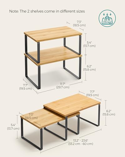 SONGMICS Cabinet Organizer Shelf, Set of 2 Kitchen Counter Shelves, Kitchen Storage, Spice Rack, Stackable, Expandable, Metal and Engineered Wood, Ink Black and Natural Beige UKCS02NB