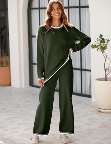 Tanming Women's Sweater Sets 2 Piece Outfits Knitted Pullover Jumper and Wide Leg Pants Tracksuit(ArmyGreen-XS)