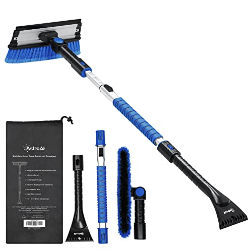 AstroAI 47.2" Ice Scrapers for Car Windshield, 3 in 1 Sturdy Snow Brush with Squeegee, 10 Adjustable Length Settings, Extendable Aluminum Handle, 180° Pivoting Snow Scraper for Car, Truck, SUV(Blue)