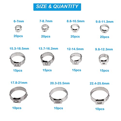 170 Pcs 304 Stainless Steel Single Ear Hose Clamp, 11 Sizes 1/4-1 Inch Constant Crimp Stepless Cinch Rings Crimp Assortment Kit with Ear Clamp Pincer for Water Pipe By PEROMI